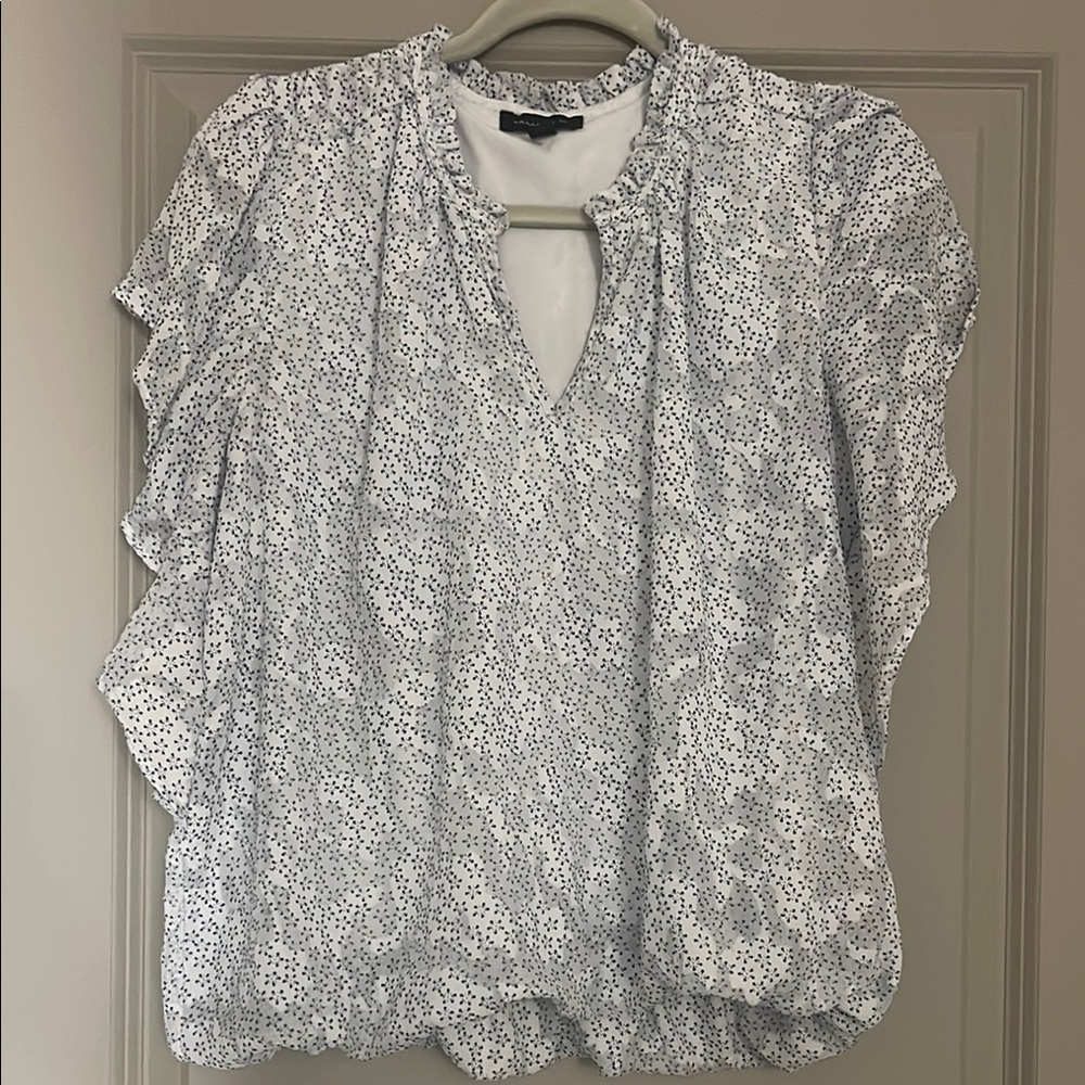 Women's White and Blue Floral Top Flouncy sleeves and gathered waist